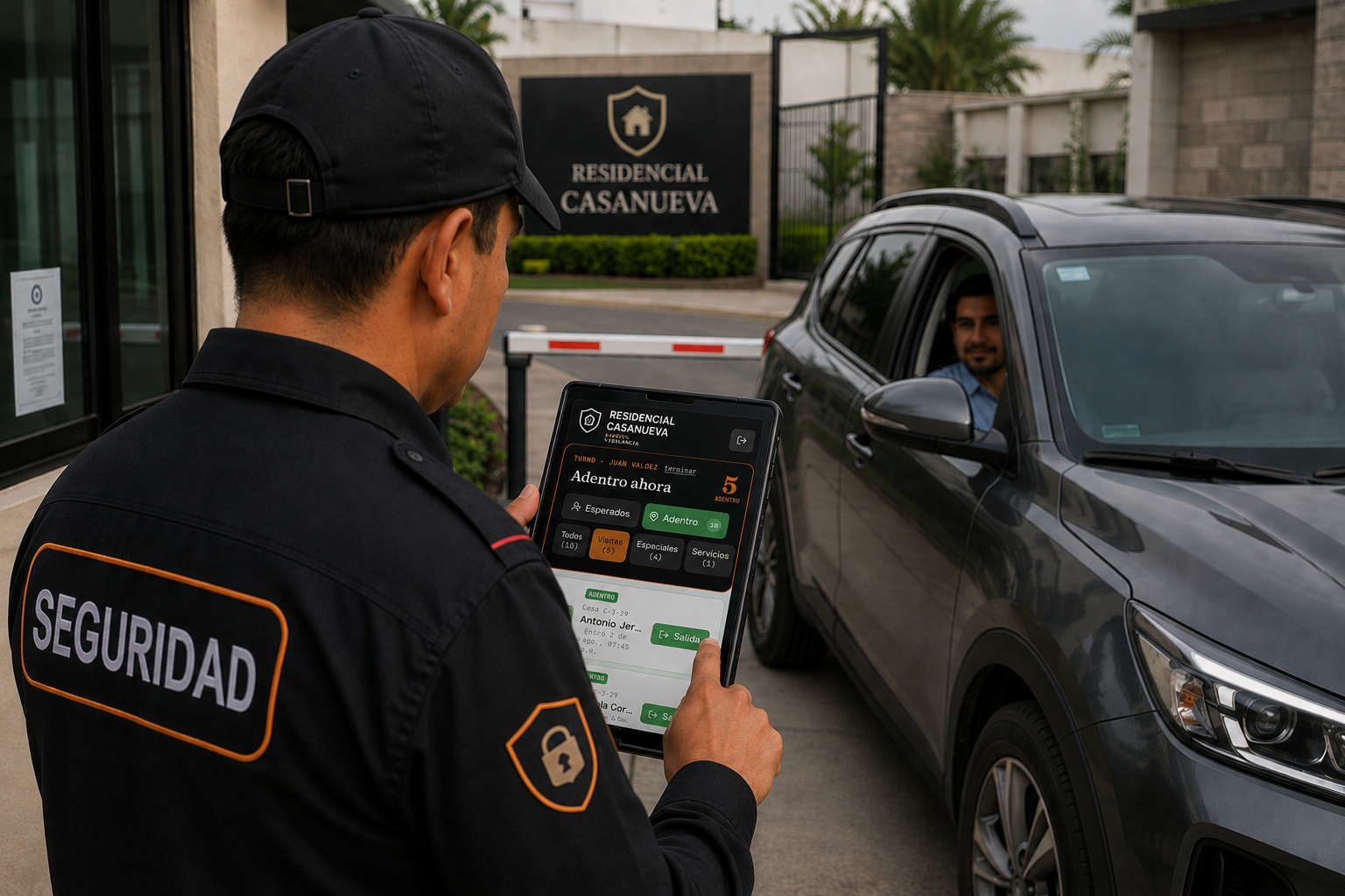 Vigilante usando GuardIA en la garita de un residencial
